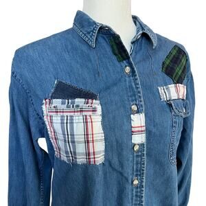Vintage LL Bean Denim Patchwork Button Down Shirt Medium Plaid Upcycled Gorpcore